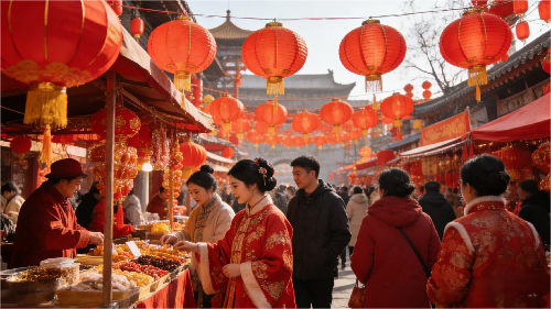 the bustling scene of the Chinese Spring Festival Temple Fair red lantern new year goods