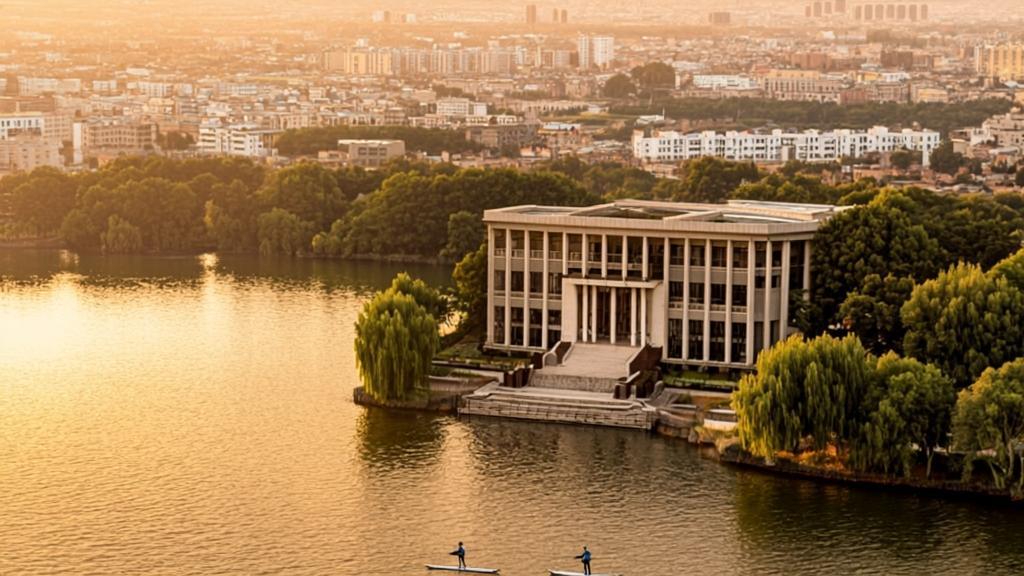 sunset and paddle students in Nanhu campus of China University of Mining and Technology