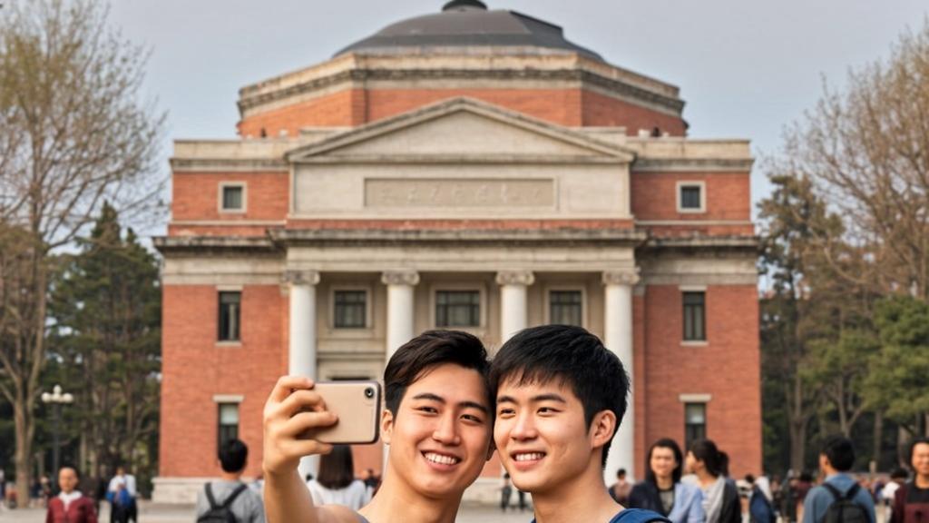 happy selfie of foreign students in front of the auditorium of Tsinghua University