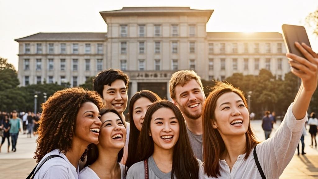 a group photo of international students of Beijing Language and Culture University in front of the school emblem