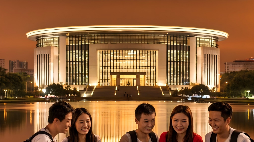 Night view of the library of Dalian University of Technology and exchange with international students
