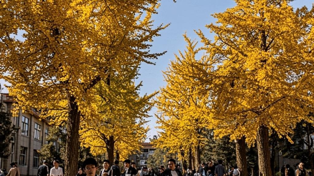 autumn scenery of Ginkgo Avenue in front of the library of University of International Business and Economics