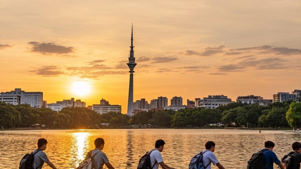 international students riding by Weiming lake to see the dusk scenery of Peking University in Boya tower