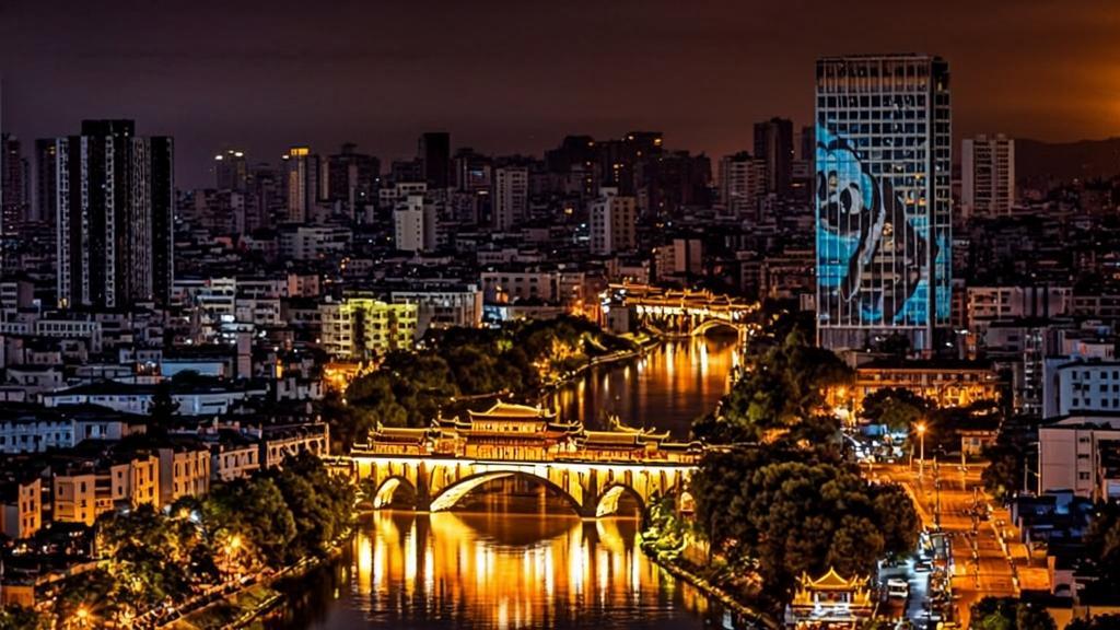 night view of Jiuyanqiao in Chengdu and panda LED screen