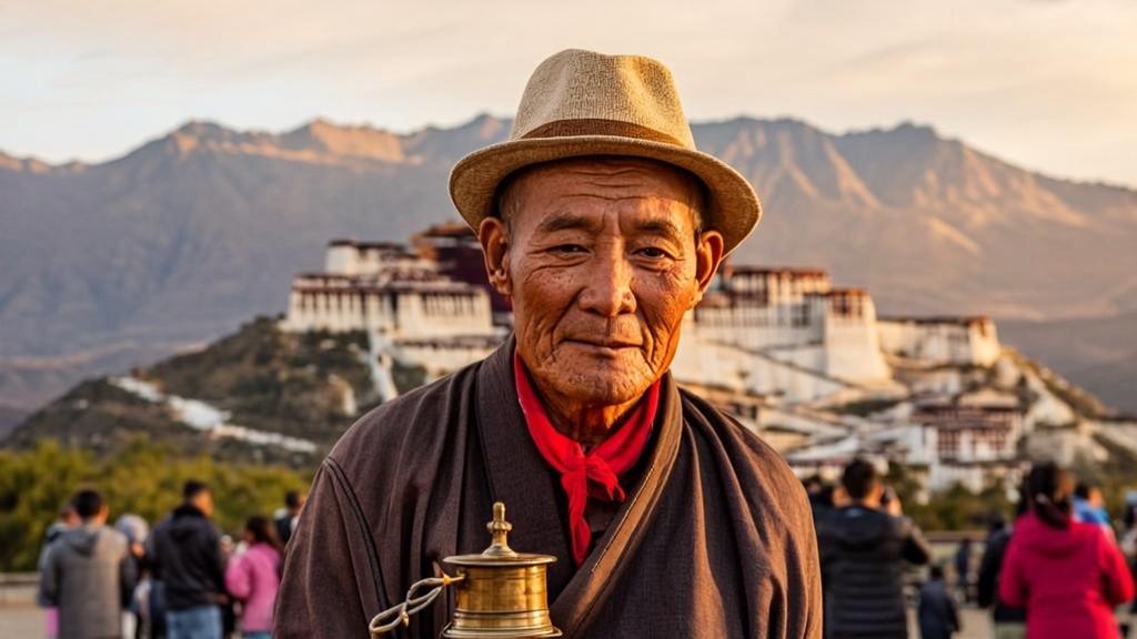 sunrise of Potala Palace in Tibet and the elderly