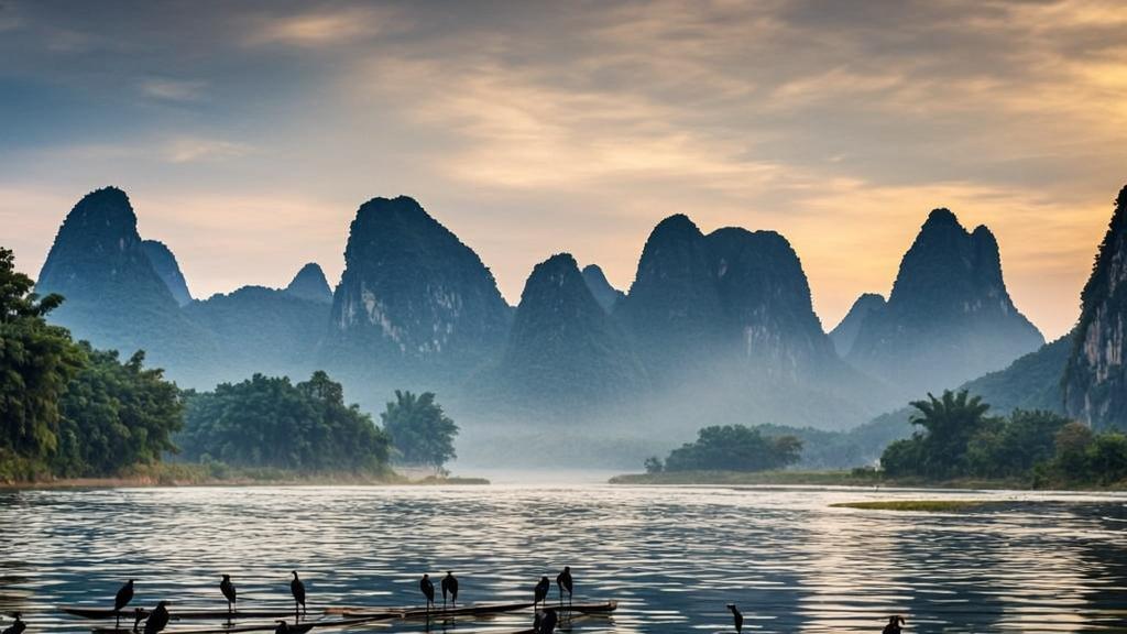 bamboo rafts and cormorants in the early morning of Lijiang River, Guilin