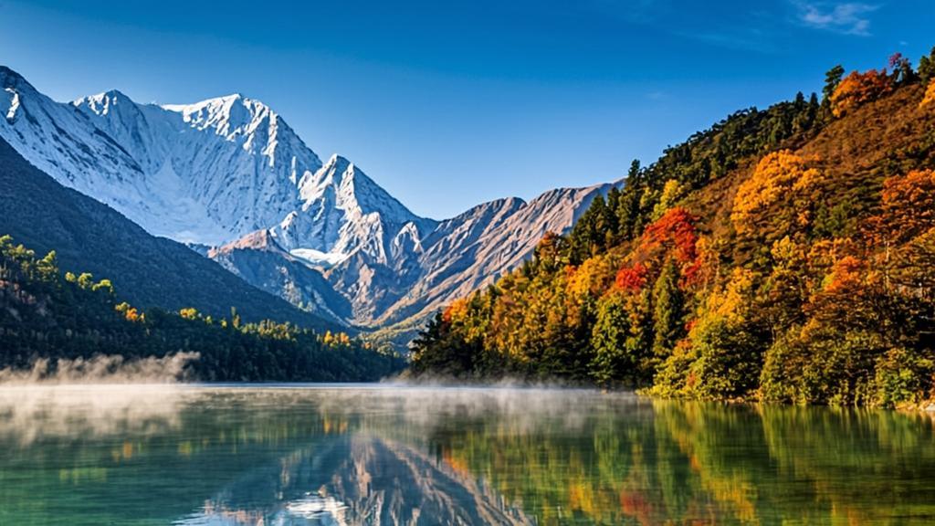 Panoramic view of Jiuzhaigou Mirror Lake in autumn, featuring perfect reflections of snow-capped mountains and scarlet fall foliage on calm water, golden morning light with mist, ultra-wide cinematic landscape, China travel route