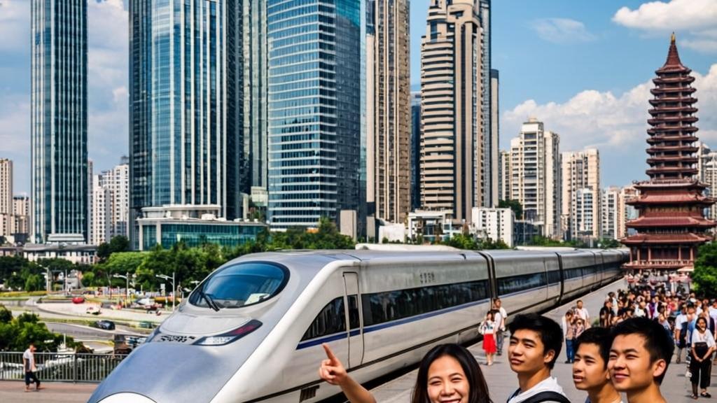 Modern vibrant China scene featuring high-speed rail, international students, and business districts showcasing travel, study, and business opportunities in photorealistic style