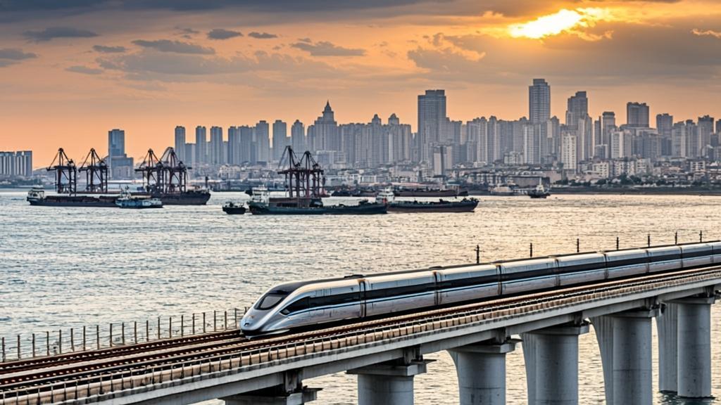 High-speed rail train crossing modern bridge with Yangshan Port and futuristic Shanghai skyline in background, this is one success of The Miracle of China's Modernization