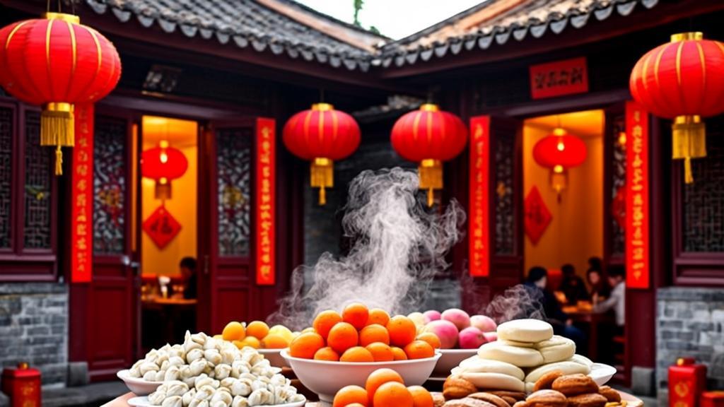 Traditional Chinese Spring Festival family reunion dinner with red lanterns, spring couplets, dumplings, and festive decorations in warm golden lighting