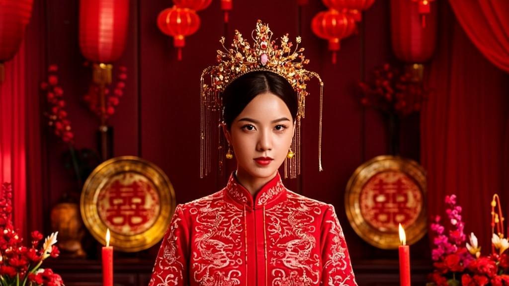 Traditional Chinese Marriage ceremony with bride in traditional red qipao and phoenix coronet, featuring classic marriage customs and red decorations