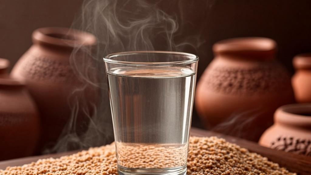 Traditional Chinese baijiu in transparent glass with golden sorghum grains and clay fermentation jars