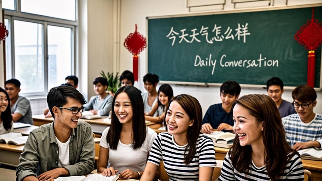 Diverse international students studying Chinese language together in a modern university classroom in China with traditional cultural decorations