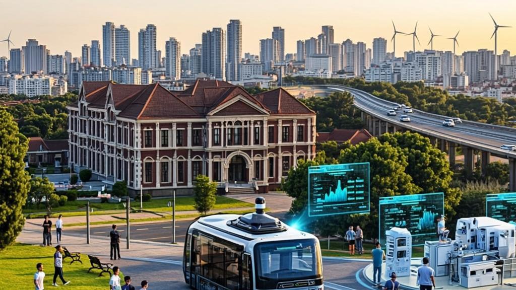 Panoramic view of Tongji University campus in Shanghai featuring an autonomous minibus with LiDAR sensors