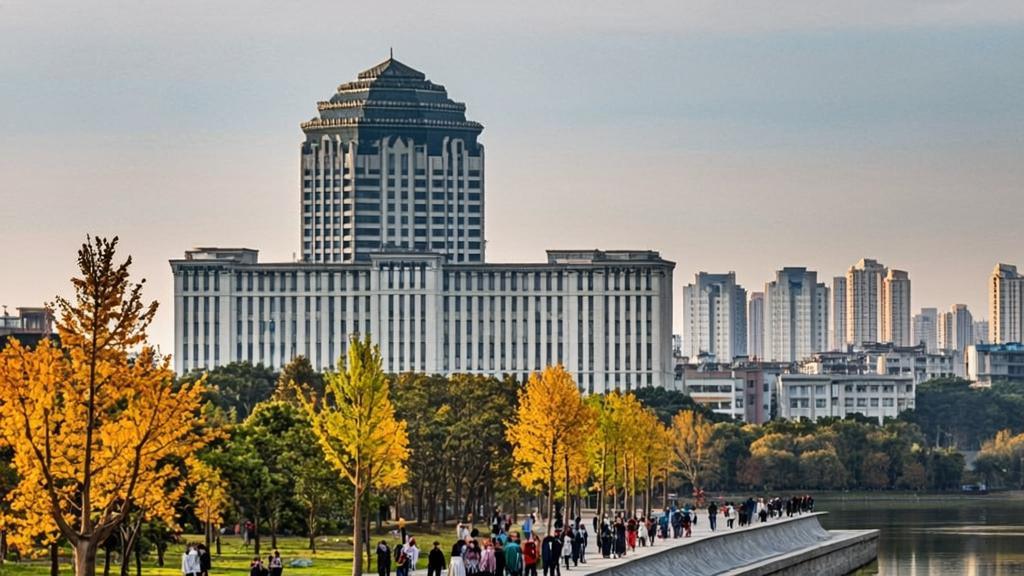 Panoramic view of Nankai University campus in Tianjin during autumn, featuring traditional Chinese academic architecture mixed with modern research facilities