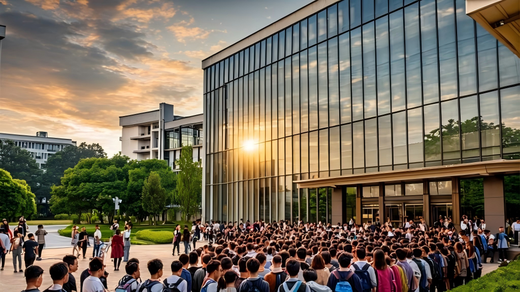 Students queue outside the modern glass building of University of Science and Technology of China East District Library at 7:30 AM sunrise, with morning light reflecting off the contemporary architecture as students wait for the facility to open.