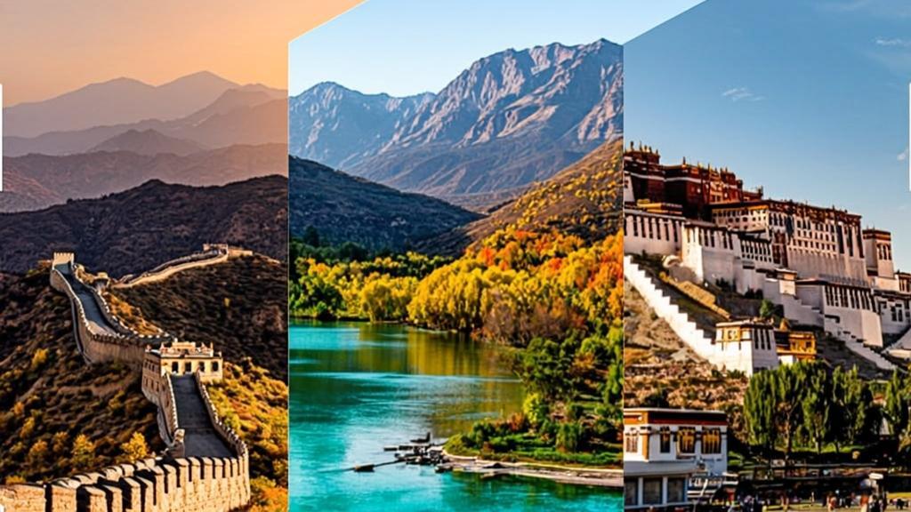 A panoramic collage showcasing China's iconic UNESCO World Heritage Sites and 5A scenic attractions, featuring the Great Wall, Mount Huangshan with sea of clouds, Jiuzhaigou Valley's colorful lakes, Potala Palace, and Terracotta Warriors captured in warm golden hour lighting.