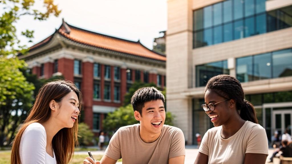 Diverse international students studying together at modern Chinese university campus with traditional architecture and futuristic skyline