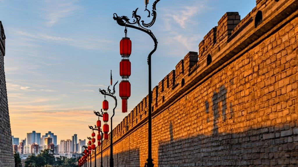 Foreign traveler biking on Xi'an City Wall at golden hour