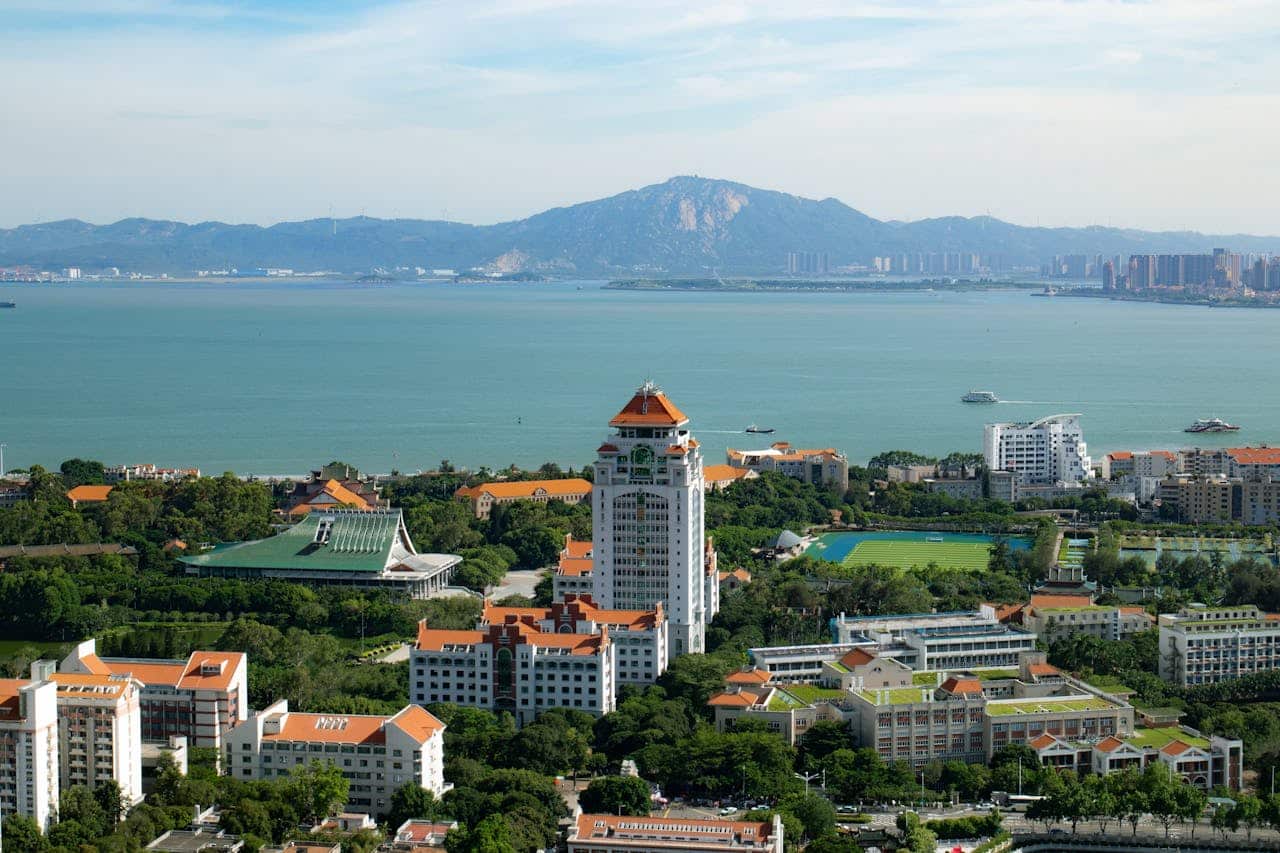 Scenic view of traditional Chinese university campus architecture with modern facilities and cultural elements