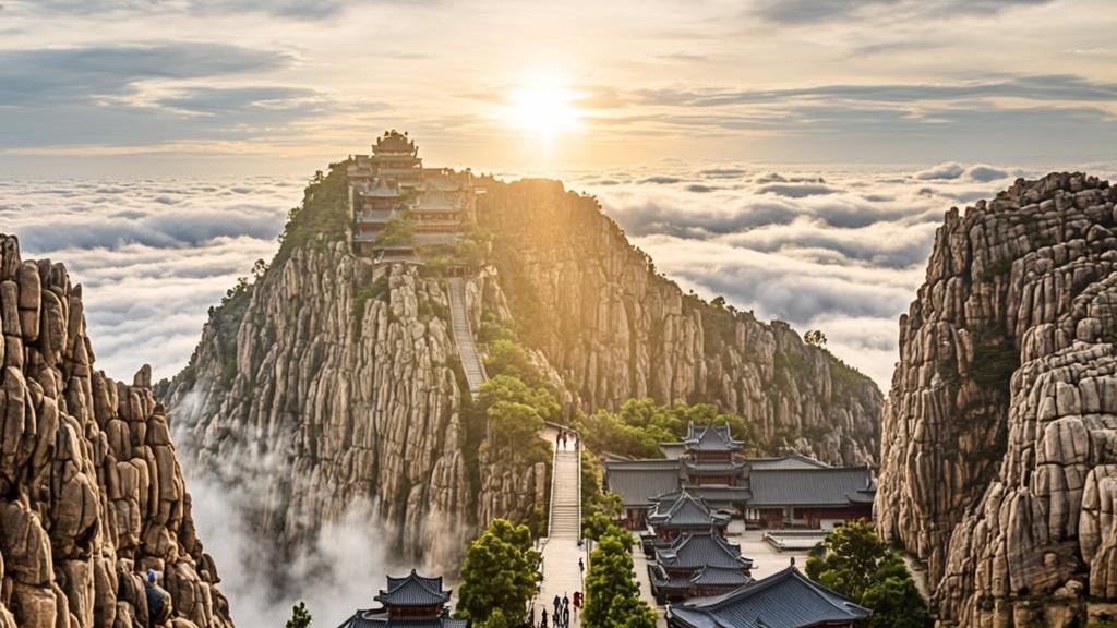 Breathtaking view of Mount Tai (Taishan) in Shandong Province, China, showcasing the ancient stone staircase ascending through morning mist with traditional red temples and granite cliffs adorned with historic calligraphy inscriptions, as golden sunrise light illuminates the sea of clouds.