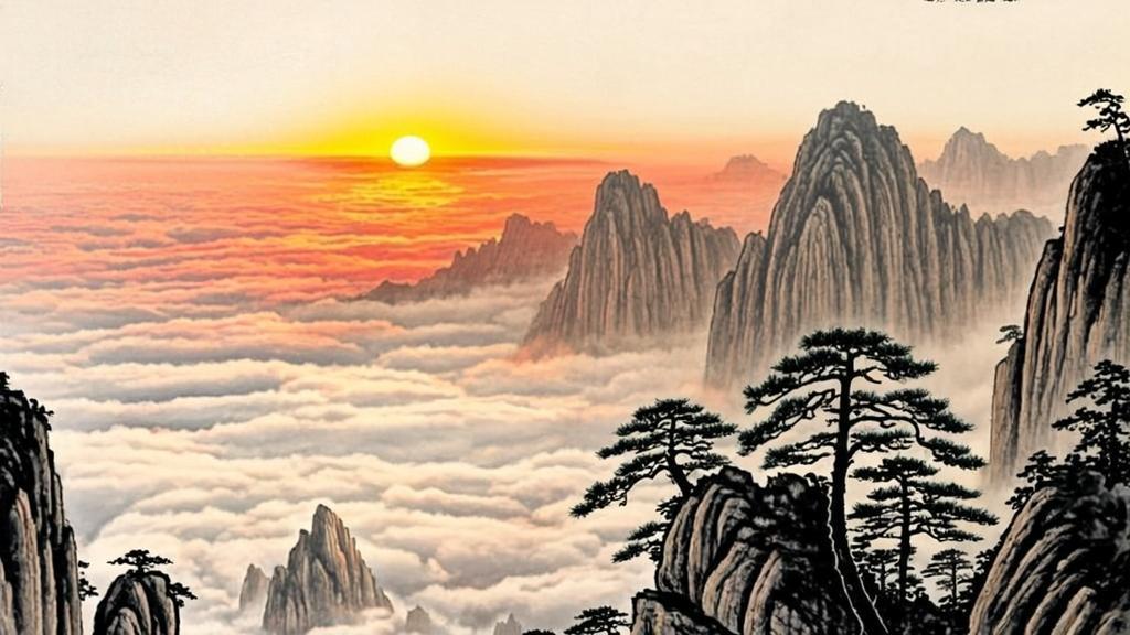 Misty Huangshan mountain peaks with ancient twisted pine trees growing from granite cliffs at sunrise, traditional Chinese ink painting style, sea of clouds filling valleys below.
