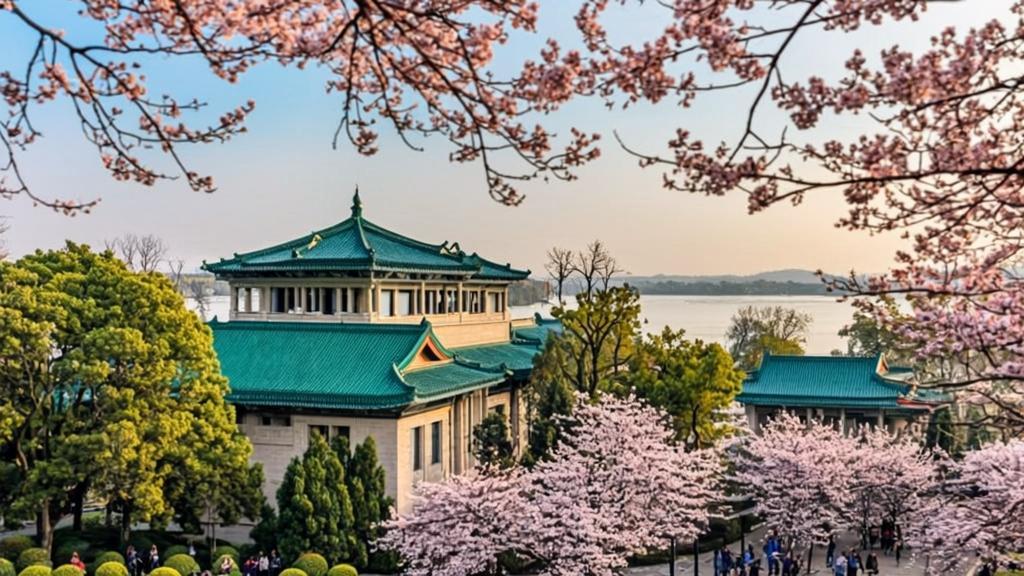 Scenic spring view of Wuhan University campus showcasing cherry blossoms blooming along pathways with historic Chinese-Western fusion architecture featuring blue tiled roofs on Luojia Mountain overlooking East Lake.