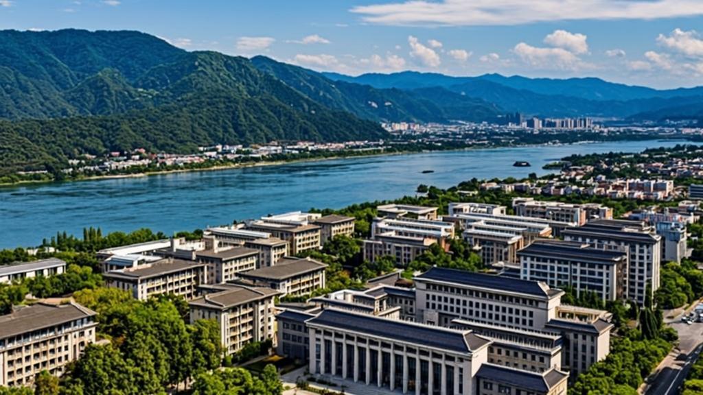 Panoramic view of Central South University campus in Changsha, featuring modern academic buildings nestled at the foot of Yuelu Mountain with the winding Xiang River visible in the background, captured in bright sunlight amidst lush green surroundings.