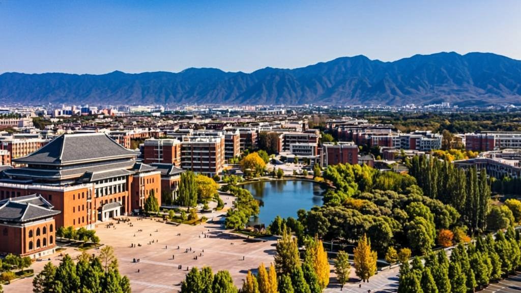 A scenic autumn view of Northeastern University China's Nanhu Campus in Shenyang, featuring modern university buildings blended with traditional Chinese architectural elements, students walking along tree-lined pathways beside Nanhu Lake, surrounded by vibrant fall foliage and distant mountains under a clear blue sky.