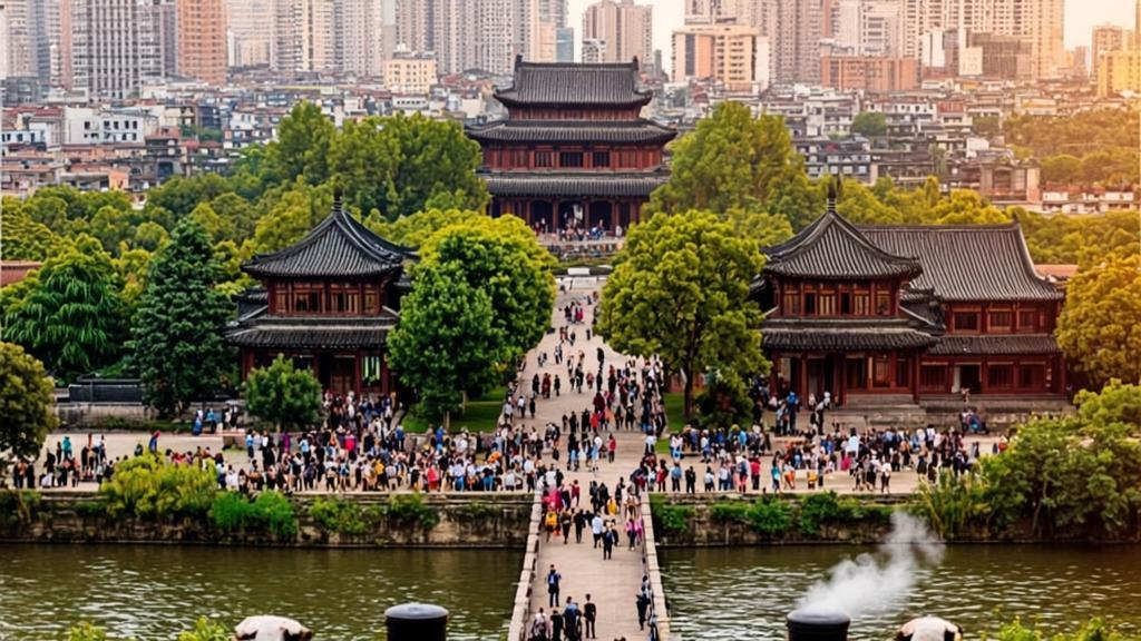 Panoramic view of Sichuan University Wangjiang Campus in Chengdu showing traditional Chinese architecture along the Wangjiang River with students walking tree-lined paths, featuring cultural elements of giant pandas and Sichuan hotpot representing the city's heritage.