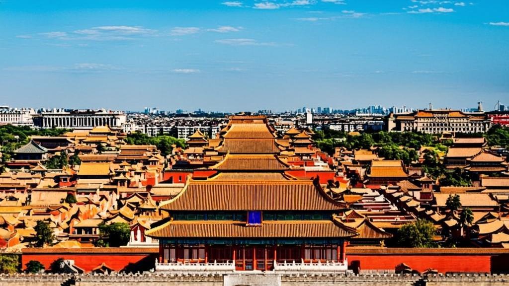 Panoramic aerial view of the Palace Museum in Beijing showcasing traditional Chinese imperial architecture, red walls, and golden rooftops of the Forbidden City.