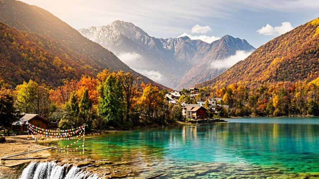 Jiuzhaigou Valley autumn scenery with turquoise Five-Flower Lake, submerged tree trunks, and red maple forests reflecting snow-capped peaks