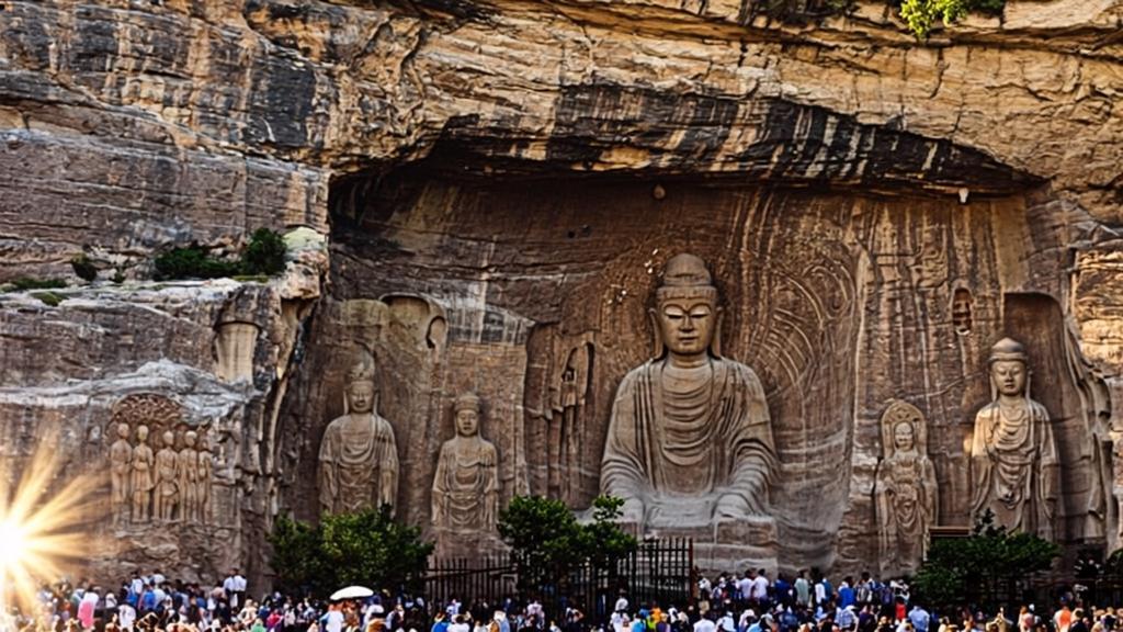 Ancient Buddhist stone statues at Longmen Grottoes featuring the colossal Vairocana Buddha carved into limestone cliffs along the Yi River at golden hour.