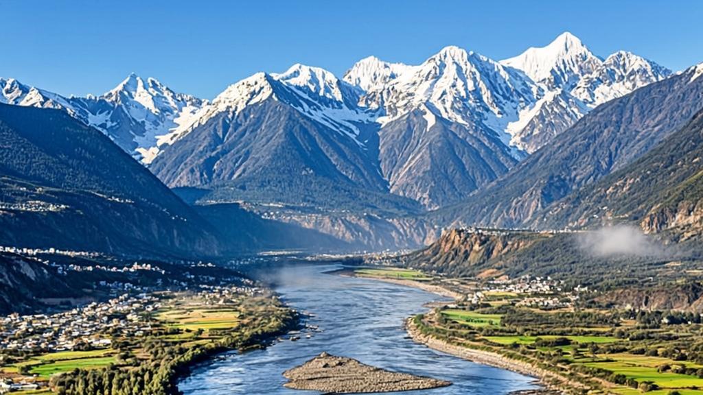 Aerial view of the Three Parallel Rivers flowing through deep mountain gorges in Yunnan China, featuring towering snow-capped peaks rising above 6000 meters with morning mist