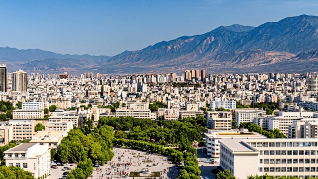 Scenic view of Lanzhou University campus with modern academic buildings set against rugged northwest China mountains and the Yellow River, featuring international students walking between traditional and contemporary architecture with distant Tibetan Plateau visible under clear blue sky.
