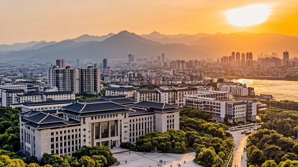 Scenic view of Chongqing University campus with traditional-meets-modern architecture nestled between lush green mountains and the Jialing River, featuring students walking on tree-lined paths and Chongqing's dramatic vertical cityscape with elevated light rail visible in the golden hour mist.