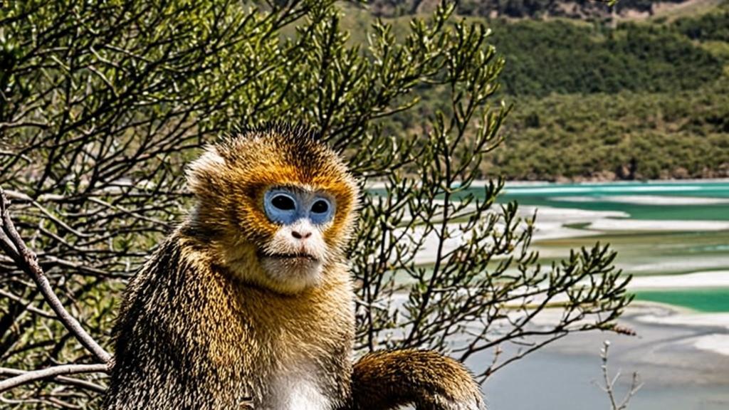Golden snub-nosed monkey with electric-blue face and golden fur perched in conifer tree at Huanglong Scenic Area, colorful travertine pools visible in alpine mountain background.