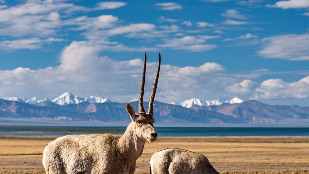 A herd of Tibetan antelopes grazing on the high-altitude grasslands of the Tibetan Plateau.