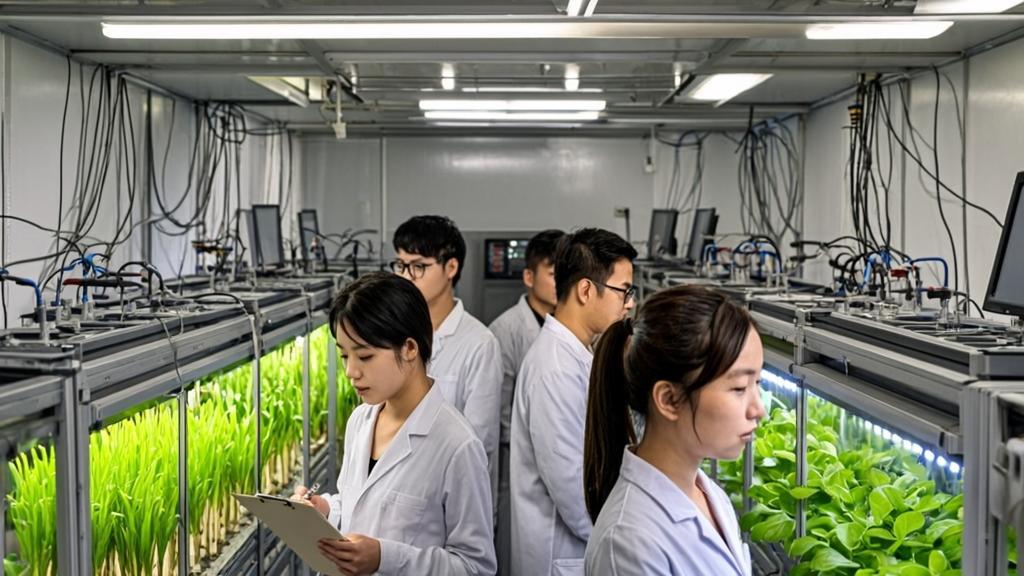 Students tending wheat and vegetables in transparent plant cabins at Beihang University's sealed bioregenerative life support system laboratory for space agriculture research