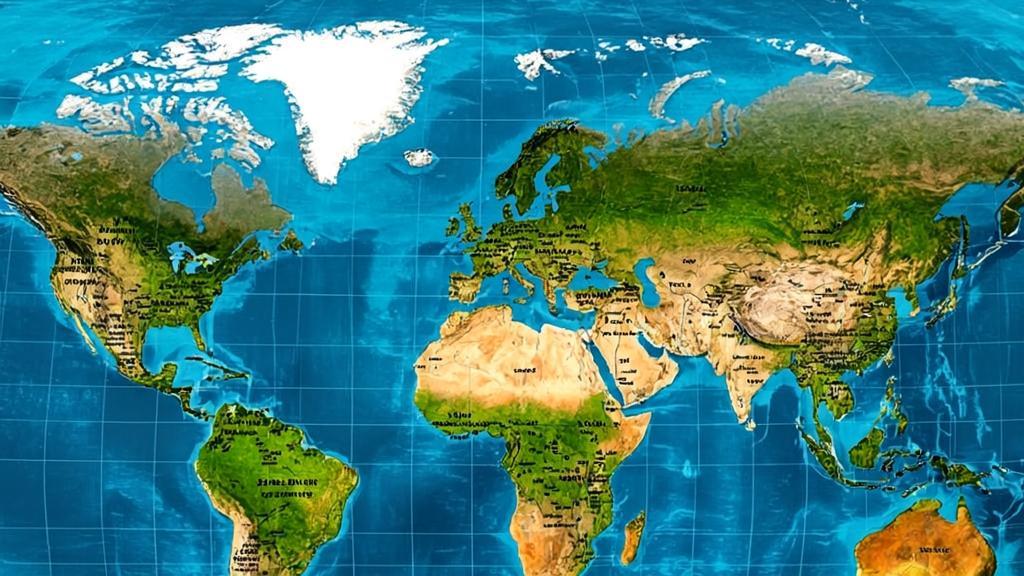 Detailed world map showing continents, countries, and geographical boundaries in high resolution