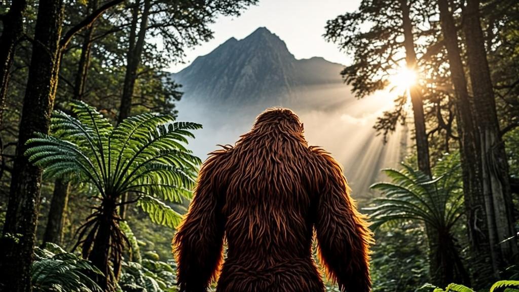Tall Yeren with reddish-brown hair standing in the misty ancient forests of Shennongjia, Hubei Province, China, surrounded by towering ferns and primitive trees, photorealistic cinematic wildlife scene.
