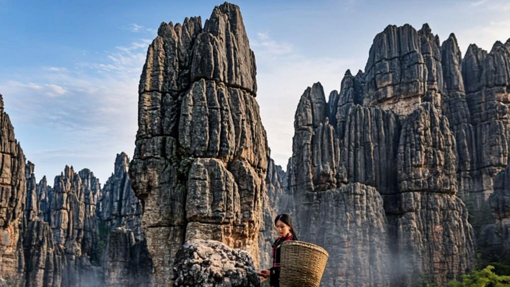 Photorealistic view of the Ashima Stone pillar in Yunnan Stone Forest resembling a Sani woman in traditional Yi ethnic dress carrying a woven basket, surrounded by sharp 40-meter karst formations and drifting morning mist.