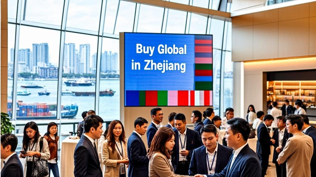 Modern exhibition hall in Hangzhou featuring international business people networking among global products, with digital displays reading "Buy Global in Zhejiang" and views of Ningbo-Zhoushan Port shipping containers through large glass windows, BRICS flags visible, warm welcoming lighting.