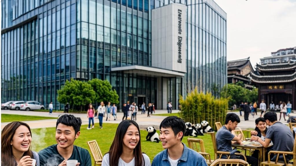 Electronic engineering students study on a modern Chengdu university campus surrounded by giant pandas, hotpot cuisine, and traditional teahouses, blending technology with Sichuan culture.