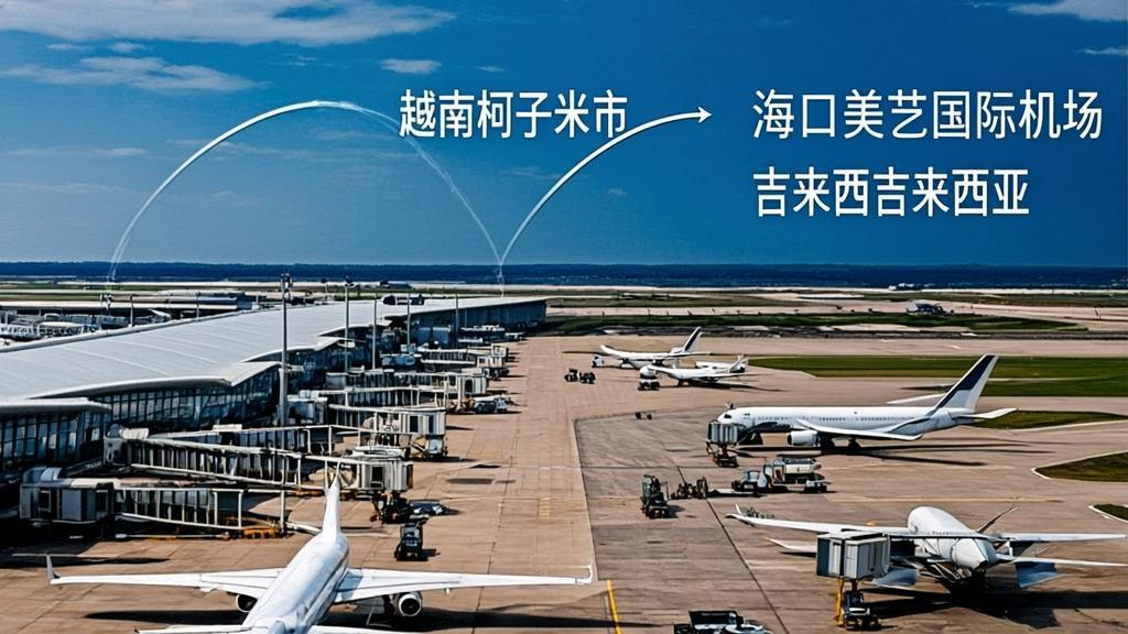 Aerial view of cargo airplanes loading at Haikou Meilan International Airport terminal for Southeast Asia freight routes to Ho Chi Minh City and Kuala Lumpur.