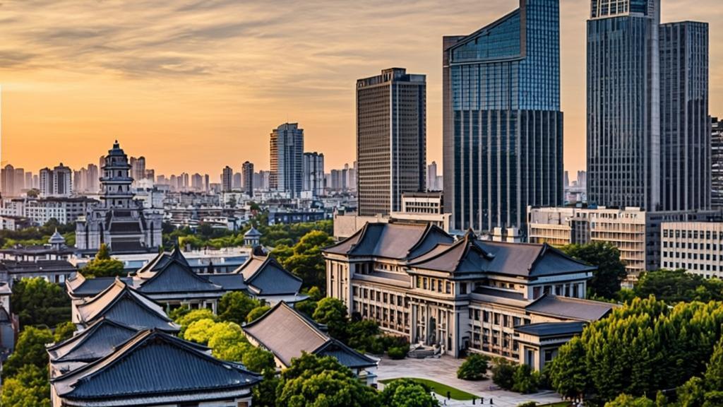 A wide-angle architectural photograph of Tianjin University's campus showcasing the harmonious blend of traditional Chinese grey brick buildings with curved roofs alongside modern glass and steel structures, captured during golden hour with the Tianjin city skyline and European colonial architecture visible in the background.