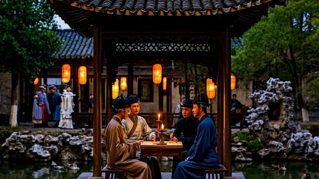 Ming dynasty scholars gathered in a candlelit traditional pavilion within the Classical Gardens of Suzhou, surrounded by tranquil koi ponds, iconic Taihu rockeries, and enjoying a classical Kunqu opera performance under the serene evening atmosphere.