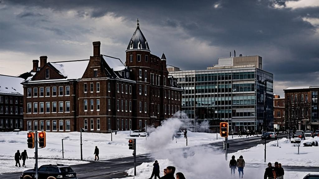 Scenic winter view of Jilin University campus in Changchun with students walking between historic Xingya-style brick buildings and modern glass laboratories, snow-covered pathways crossing urban city streets, and visible breath vapor in freezing -20°C temperatures.