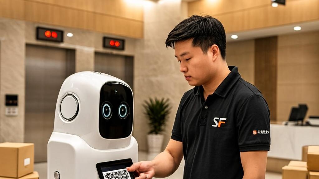 SF Same-City delivery courier scanning QR code on white autonomous service robot in modern hotel lobby.
