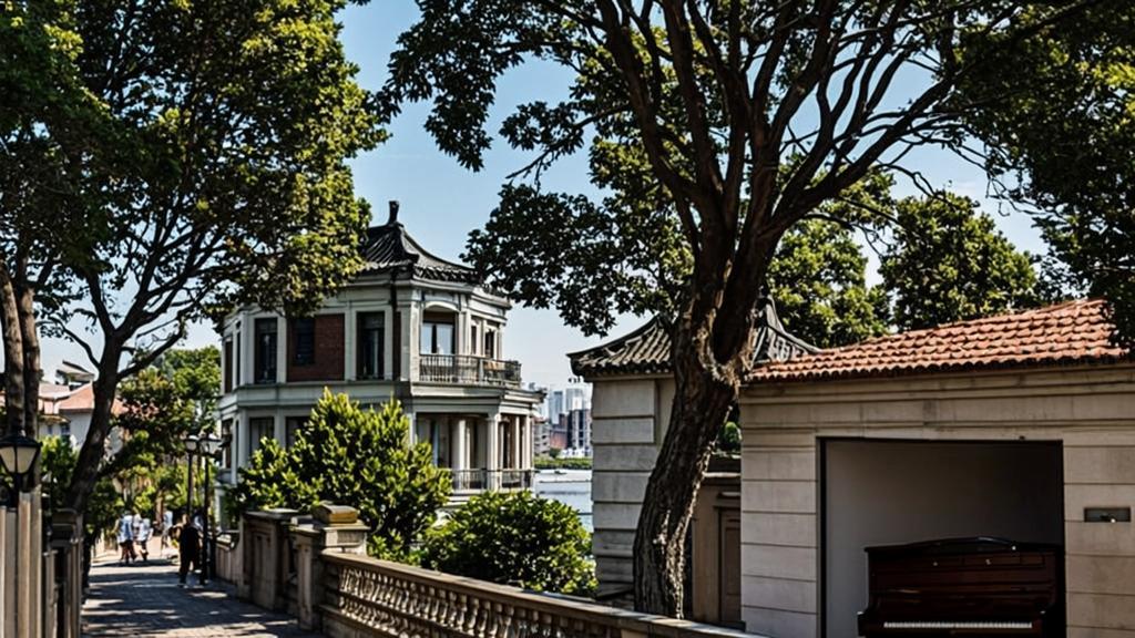 Narrow cobblestone lane on Gulangyu Island lined with colonial European-style villas and lush banyan trees, featuring a vintage wooden piano visible through an open window with Xiamen skyline visible across the water in the distance.